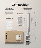 Ringke Clamp Holder - Diagram showing the stand components, dimensions, hex keys, user manual, and packaging box.