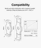 Ringke Clamp Holder - Diagram showing clamp dimensions of 130mm to 220mm for devices 4.7 to 14.6 inches, supporting 2kg.