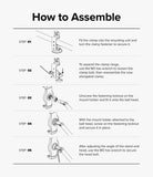 Ringke Clamp Holder - Five-step line art assembly guide showing how to attach, adjust, and secure the clamp and mount.