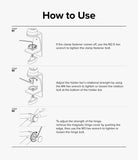 Ringke Clamp Holder - Three-step instructional diagram showing how to use hex wrenches to adjust clamp and hinge bolts.