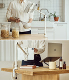 Ringke Clamp Holder - Adjustable white tablet arm stand clamped to a desk, holding a tablet in kitchen and office settings.