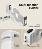 Ringke Clamp Holder - White phone mount featuring anti-slip silicone pads, an easy-grip handle, and a cable management cutout.