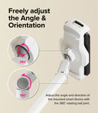 Ringke Clamp Holder - White phone stand showing 360-degree ball joint rotation and 180-degree arm adjustment.