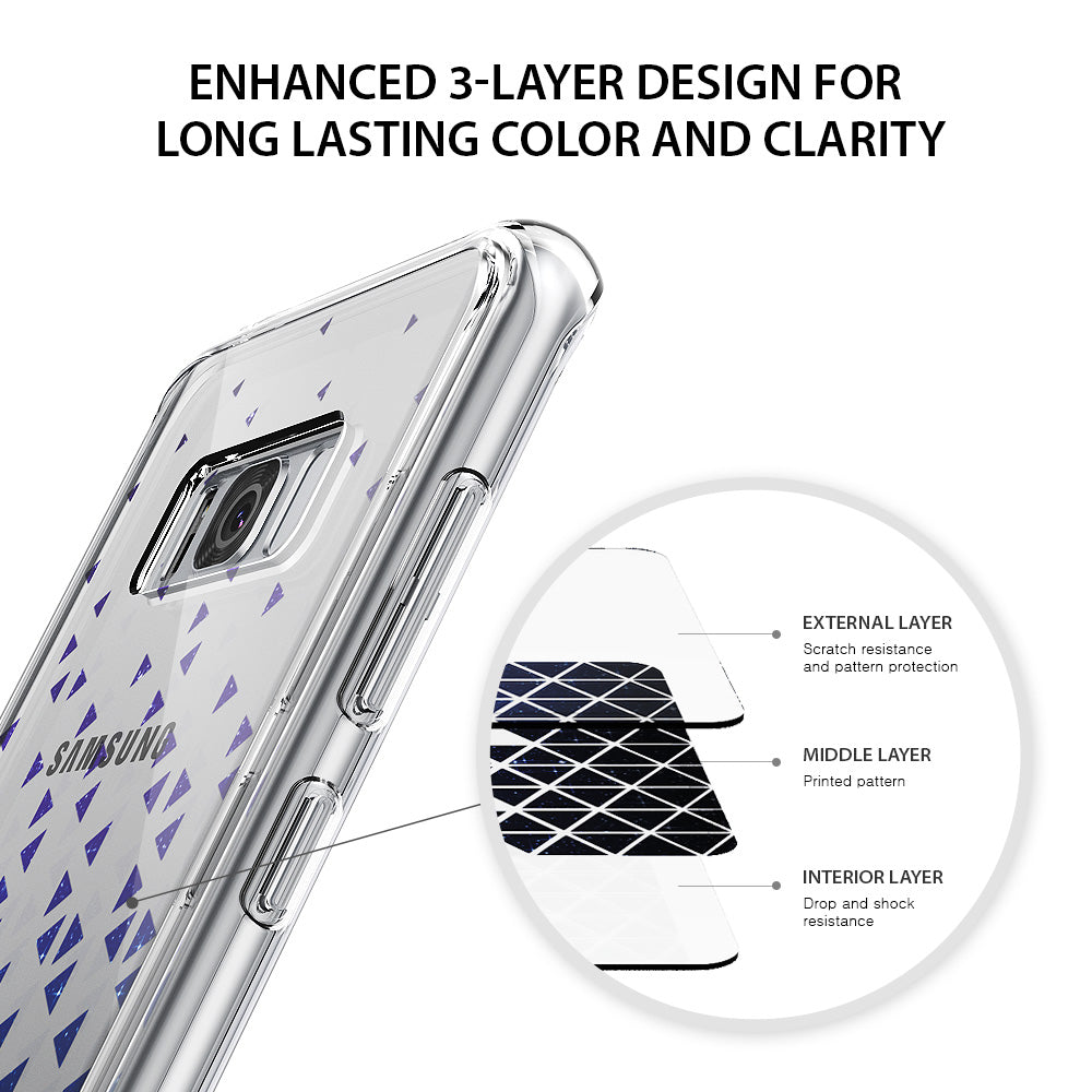 Galaxy S8 Plus Case | Fusion Deco - Diagram showing a 3-layer phone case design with scratch, pattern, and shock protection.