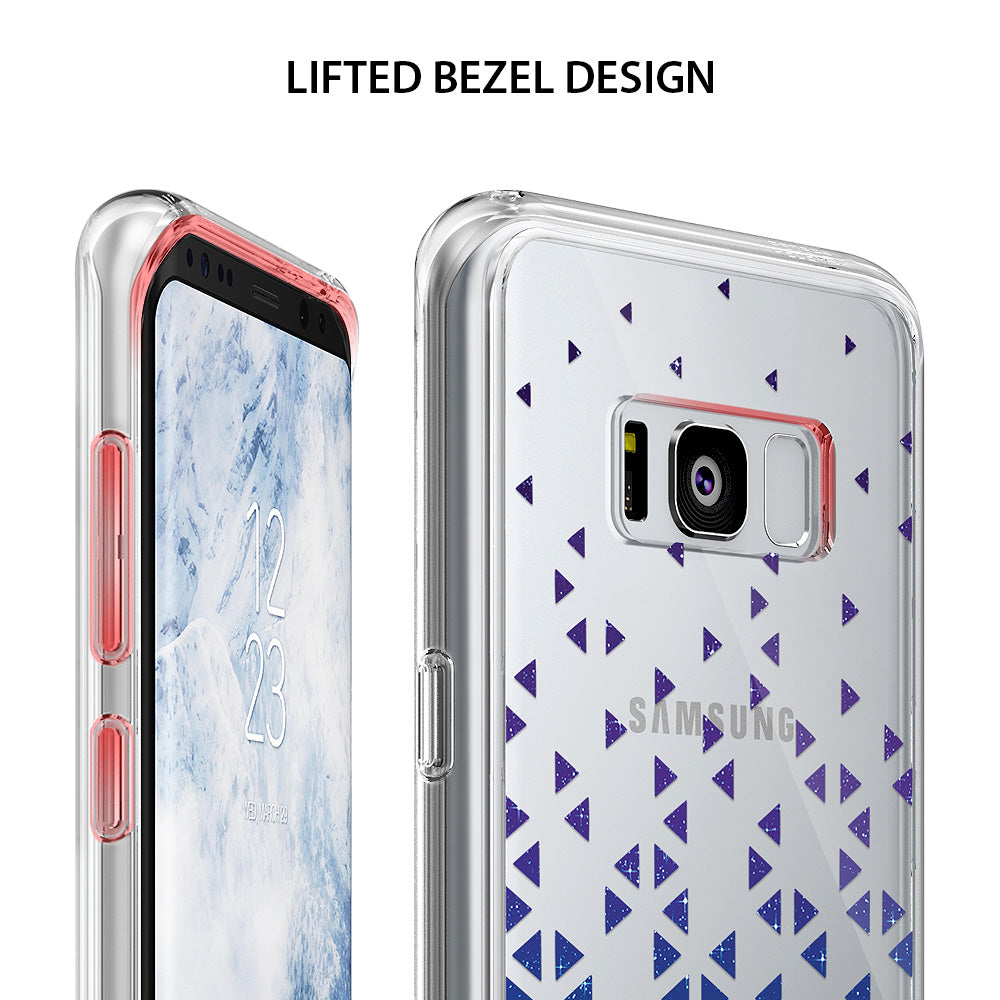 Galaxy S8 Plus Case | Fusion Deco - Clear phone case with purple triangle pattern and lifted bezel design.