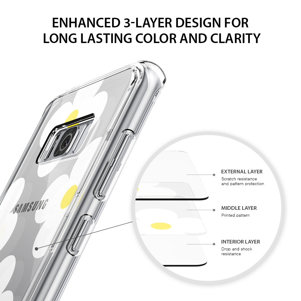 Galaxy S8 Plus Case | Fusion Deco - Clear phone case with white daisy pattern showing a 3-layer design diagram for protection.