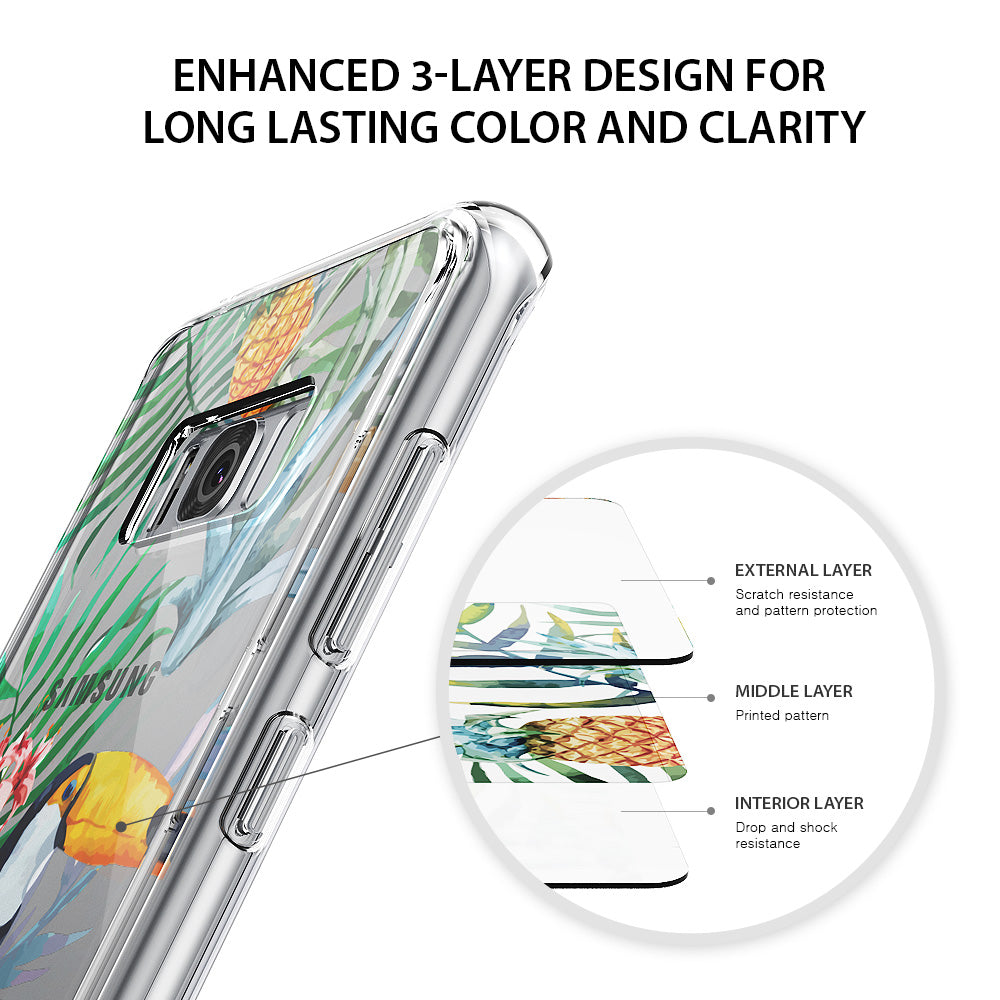 Galaxy S8 Plus Case | Fusion Deco - Tropical phone case showing a 3-layer construction diagram for durability and design.