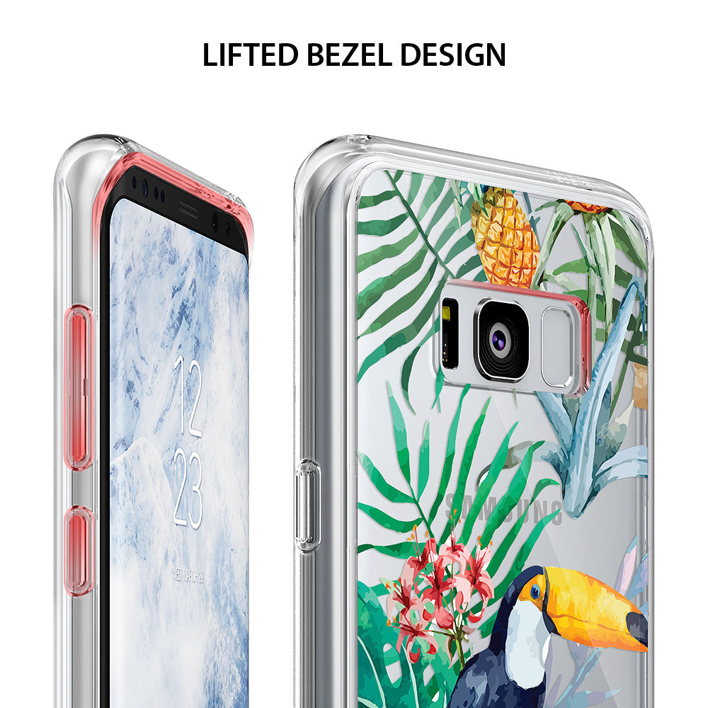 Galaxy S8 Plus Case | Fusion Deco - Clear phone case with tropical toucan and pineapple print showing lifted bezel design.