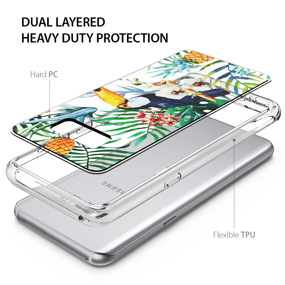 Galaxy S8 Plus Case | Fusion Deco - Exploded view of a dual-layer phone case with a tropical toucan and pineapple print.