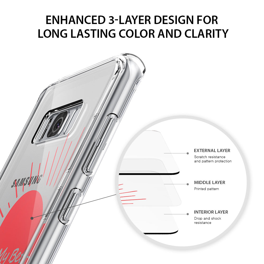 Galaxy S8 Plus Case | Fusion Deco - Diagram showing a clear phone case with a 3-layer design for protection and pattern.