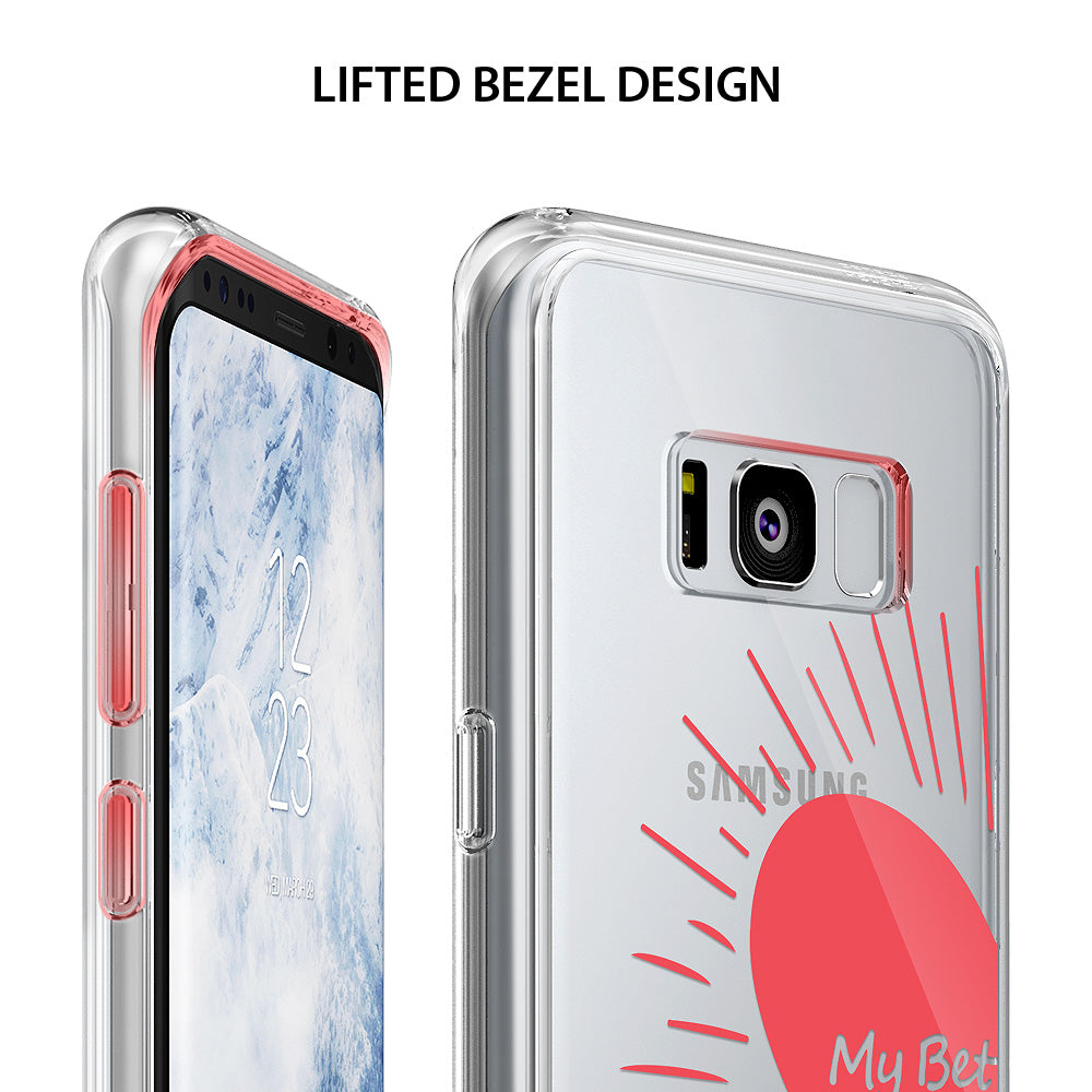 Galaxy S8 Case | Fusion Deco - Clear phone case on a Galaxy S8 showing a lifted bezel design and red sun graphic.