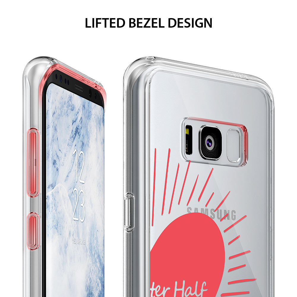 Galaxy S8 Case | Fusion Deco - Clear phone case on Galaxy S8 showing lifted bezel design and red sun graphic on back.