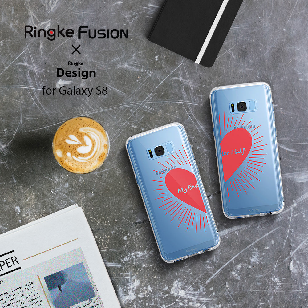 Galaxy S8 Case | Fusion Deco - Two clear phone cases with matching red heart halves on a gray textured surface.