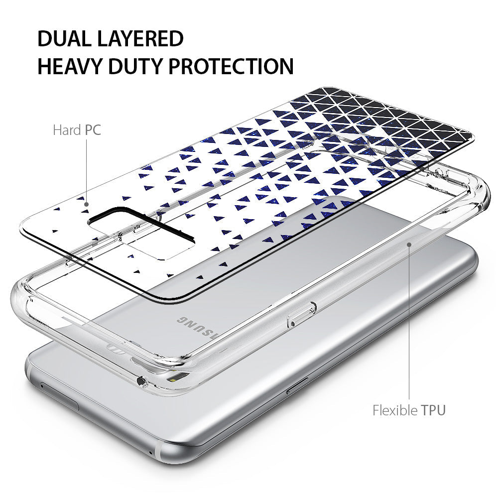 Galaxy S8 Case | Fusion Deco - Exploded view of a dual-layered phone case with a patterned hard PC back and flexible TPU frame.