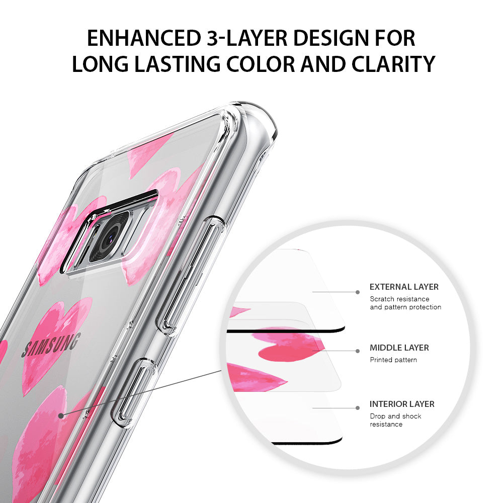 Galaxy S8 Case | Fusion Deco - Clear phone case with pink watercolor hearts and a diagram showing its 3-layer protective design.