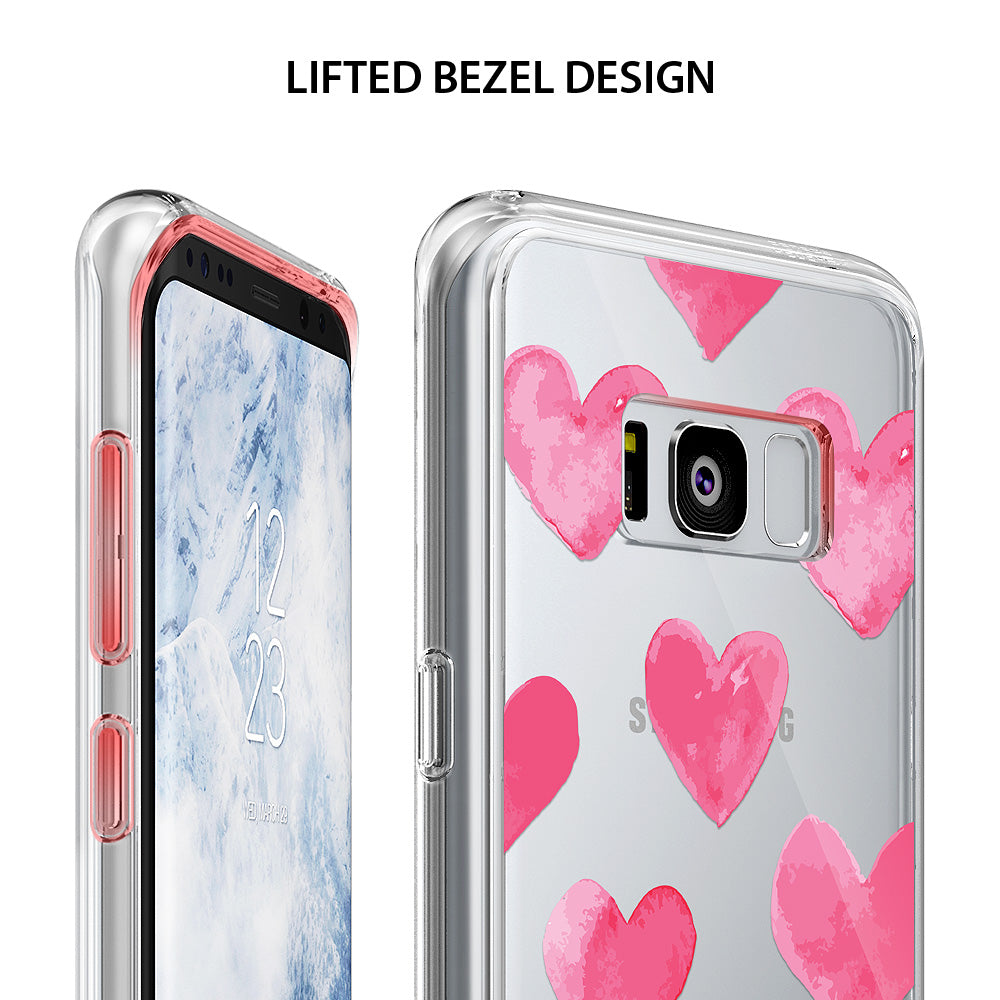 Galaxy S8 Plus Case | Fusion Deco - Clear phone case with pink watercolor hearts and a raised bezel for screen protection.