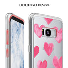 Galaxy S8 Plus Case | Fusion Deco - Clear phone case with pink watercolor hearts and a raised bezel for screen protection.