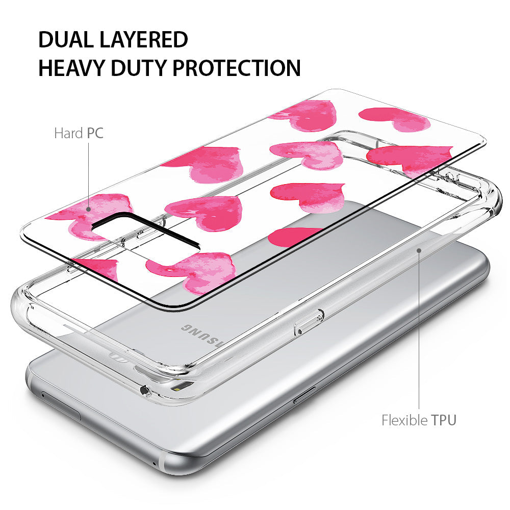 Galaxy S8 Plus Case | Fusion Deco - Exploded view of a dual-layer phone case with pink watercolor hearts over a silver phone.