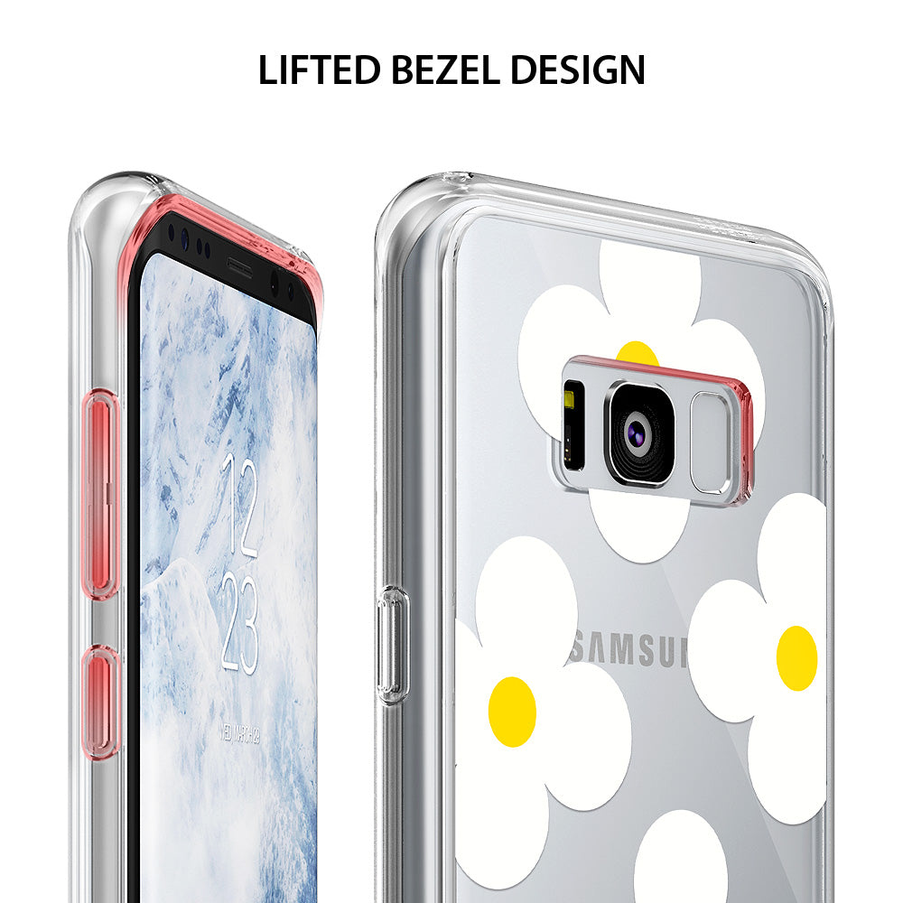 Galaxy S8 Plus Case | Fusion Deco - Clear phone case with white daisy pattern showing lifted bezel design for screen protection.