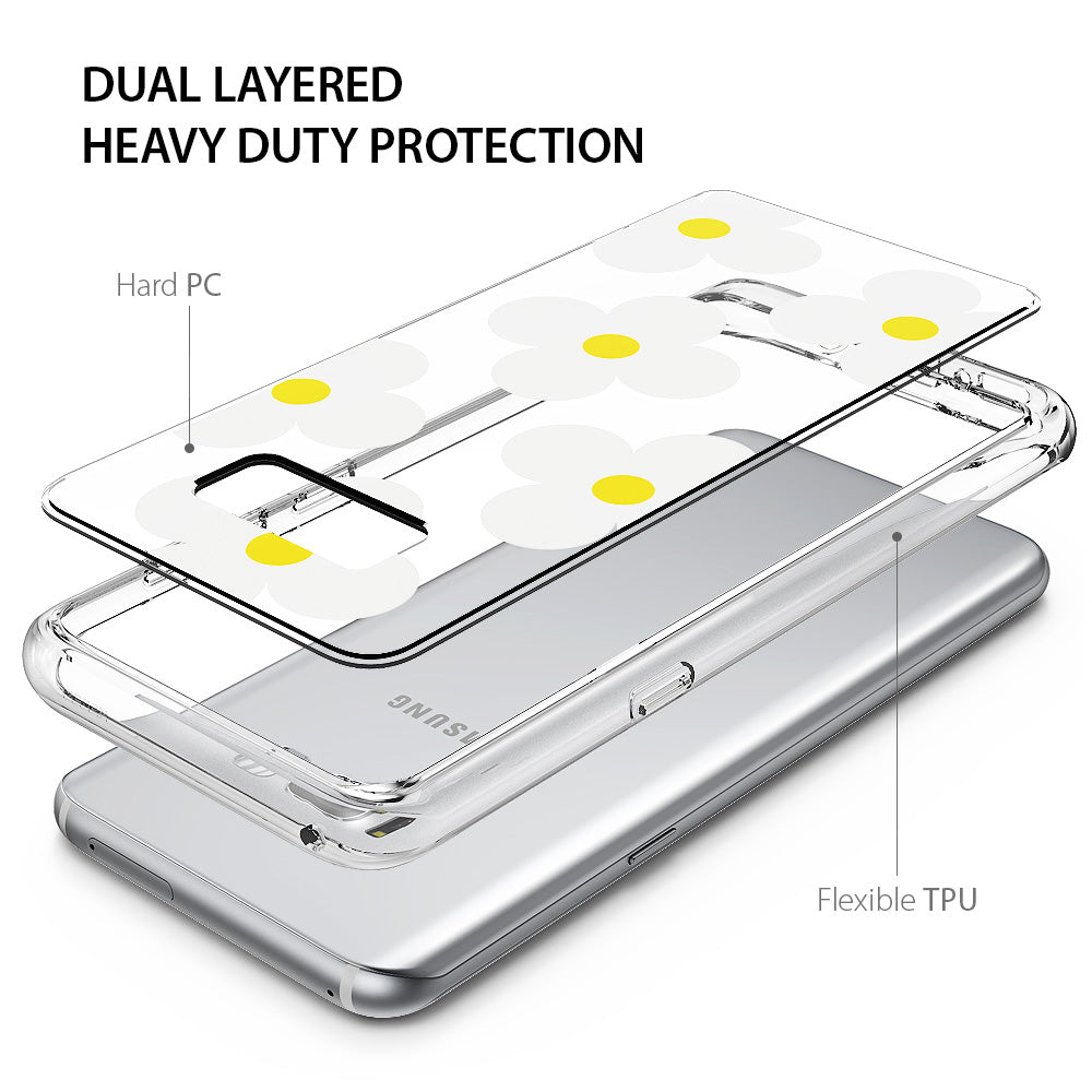 Galaxy S8 Plus Case | Fusion Deco - Exploded view of a dual-layer phone case with a daisy pattern over a silver smartphone.