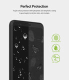 Google Pixel 4 Screen Protector | Dual Easy Film - Google Pixel 4 Screen Protector - Smartphone screen with water droplets and icons for anti-fingerprint and hydrophobic.