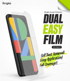 Google Pixel 4 Screen Protector | Dual Easy Film - A transparent screen protector hovering over a Google Pixel 4 phone.