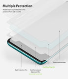 Galaxy A51 Screen Protector | Dual Easy Film Wing - Galaxy A51 Screen Protector - Exploded view showing four layers of protective film stacked above a smartphone screen.