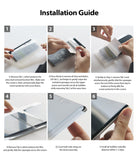 Galaxy A51 Screen Protector | Dual Easy Film Wing - Galaxy A51 Screen Protector - Six-step visual guide showing hands applying a screen protector with tabs and a squeegee.