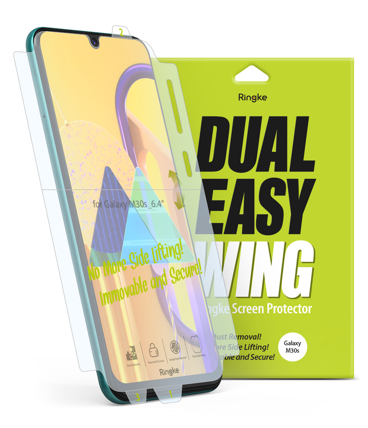 Galaxy M30s Screen Protector | Dual Easy Film - Galaxy M30s Screen Protector - A Galaxy M30s phone with a Dual Easy Wing screen protector film and its lime green packaging.