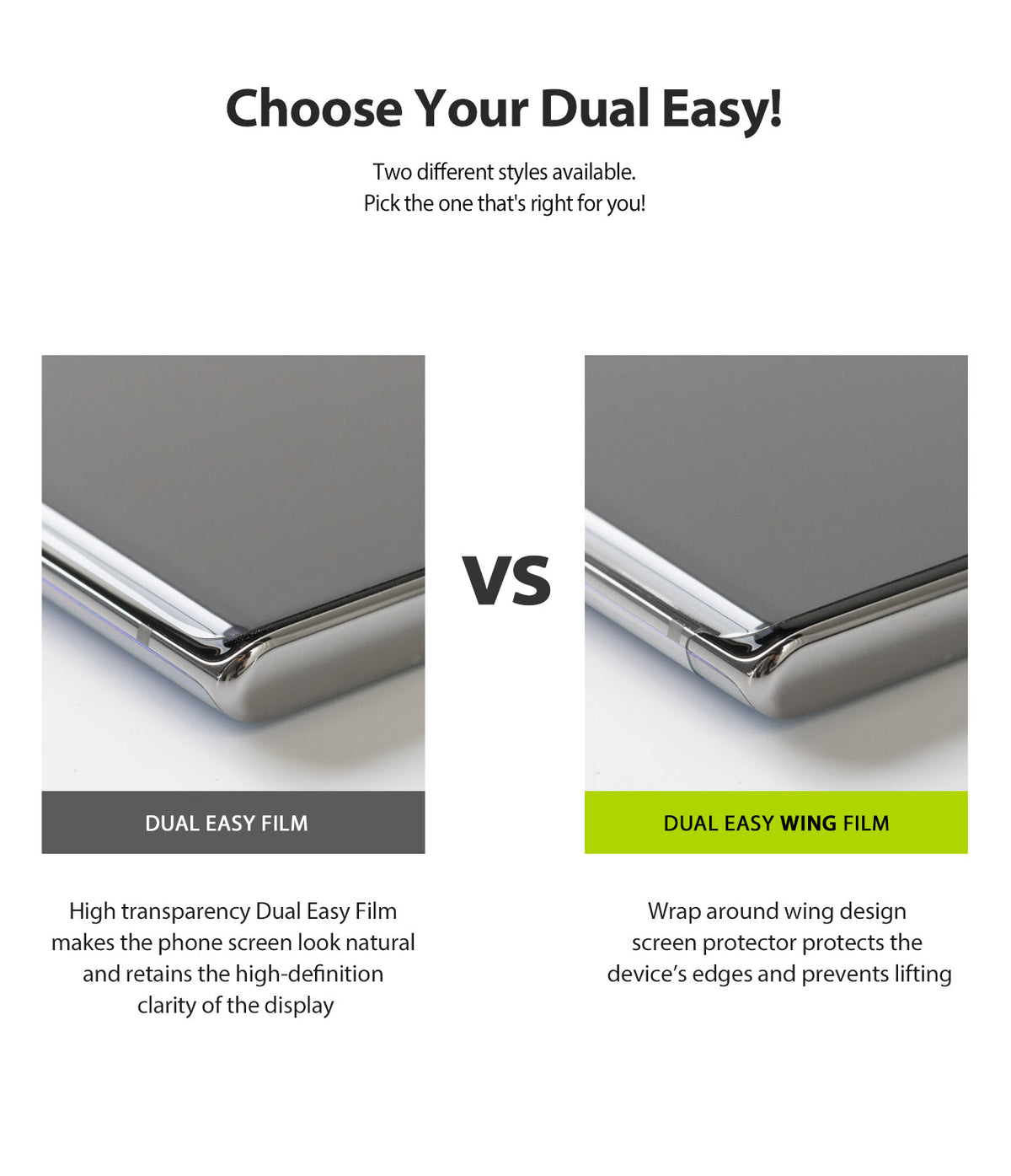 Galaxy M30s Screen Protector | Dual Easy Film - Galaxy M30s Screen Protector - Comparison of standard Dual Easy Film and wrap-around Dual Easy Wing Film on phone edges.