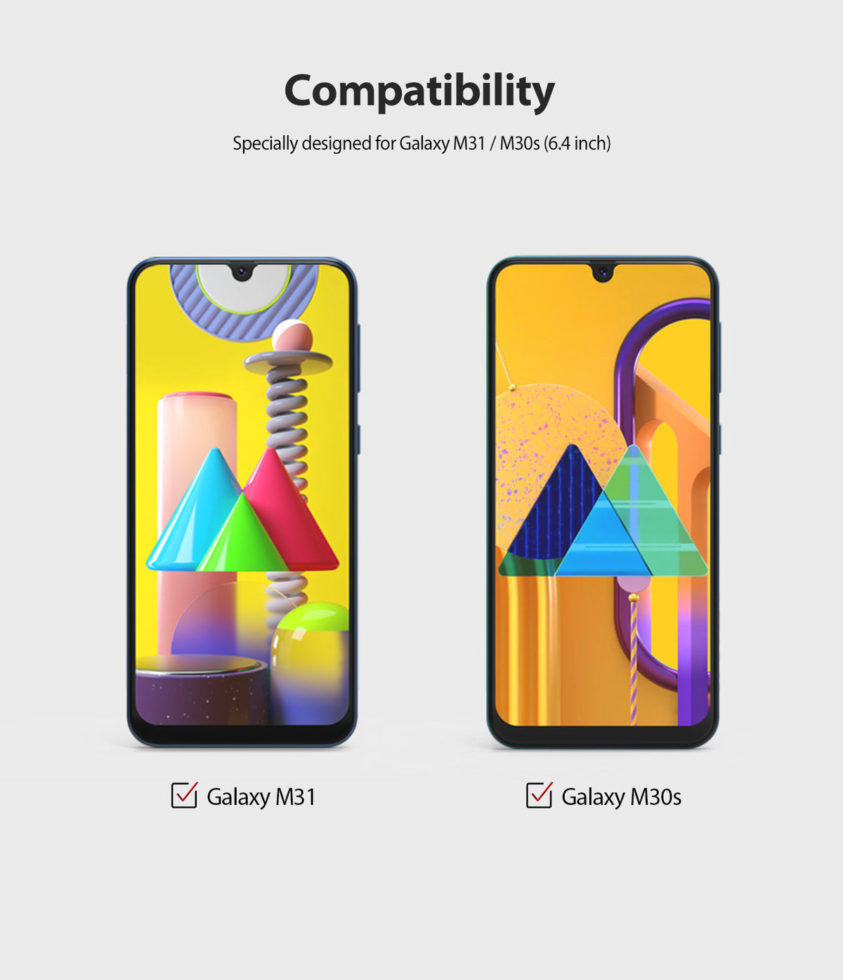 Galaxy M30s Screen Protector | Dual Easy Film - Two smartphones side-by-side labeled Galaxy M31 and M30s with colorful abstract wallpapers.