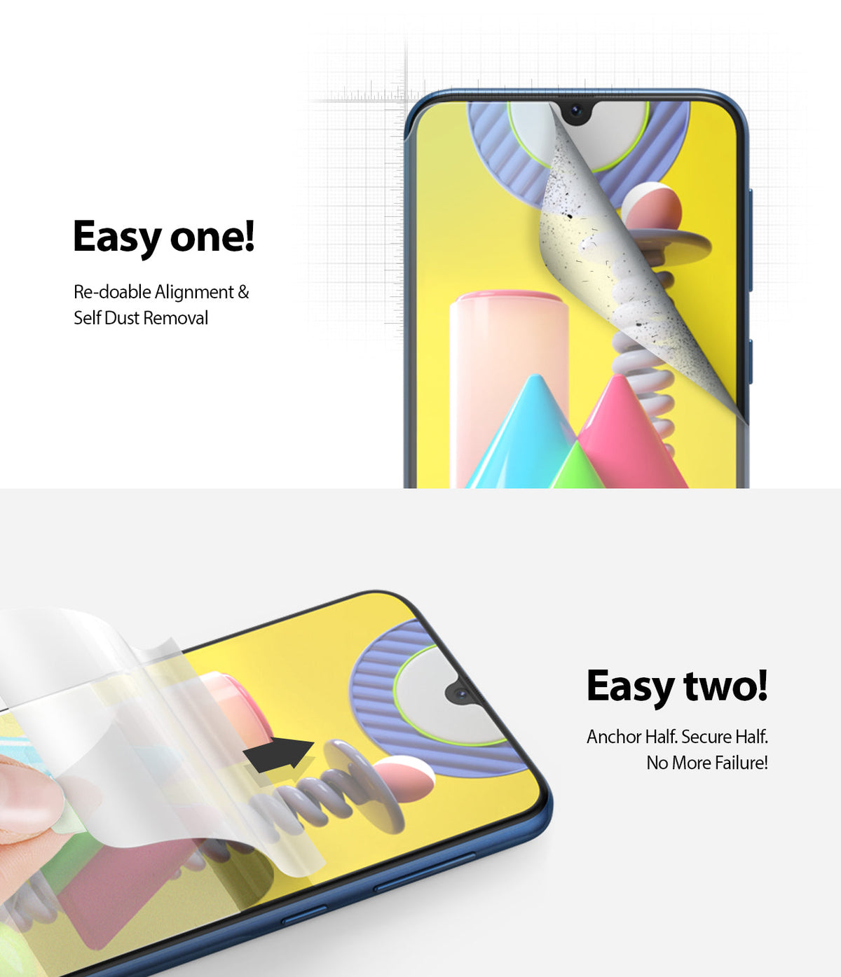 Galaxy M30s Screen Protector | Dual Easy Film - Two-step installation guide showing a screen protector being applied to a smartphone.