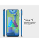 Galaxy M31 Screen Protector | Dual Easy Film - Galaxy M31 Screen Protector - Front and side views of a blue smartphone showing a precise screen protector fit.