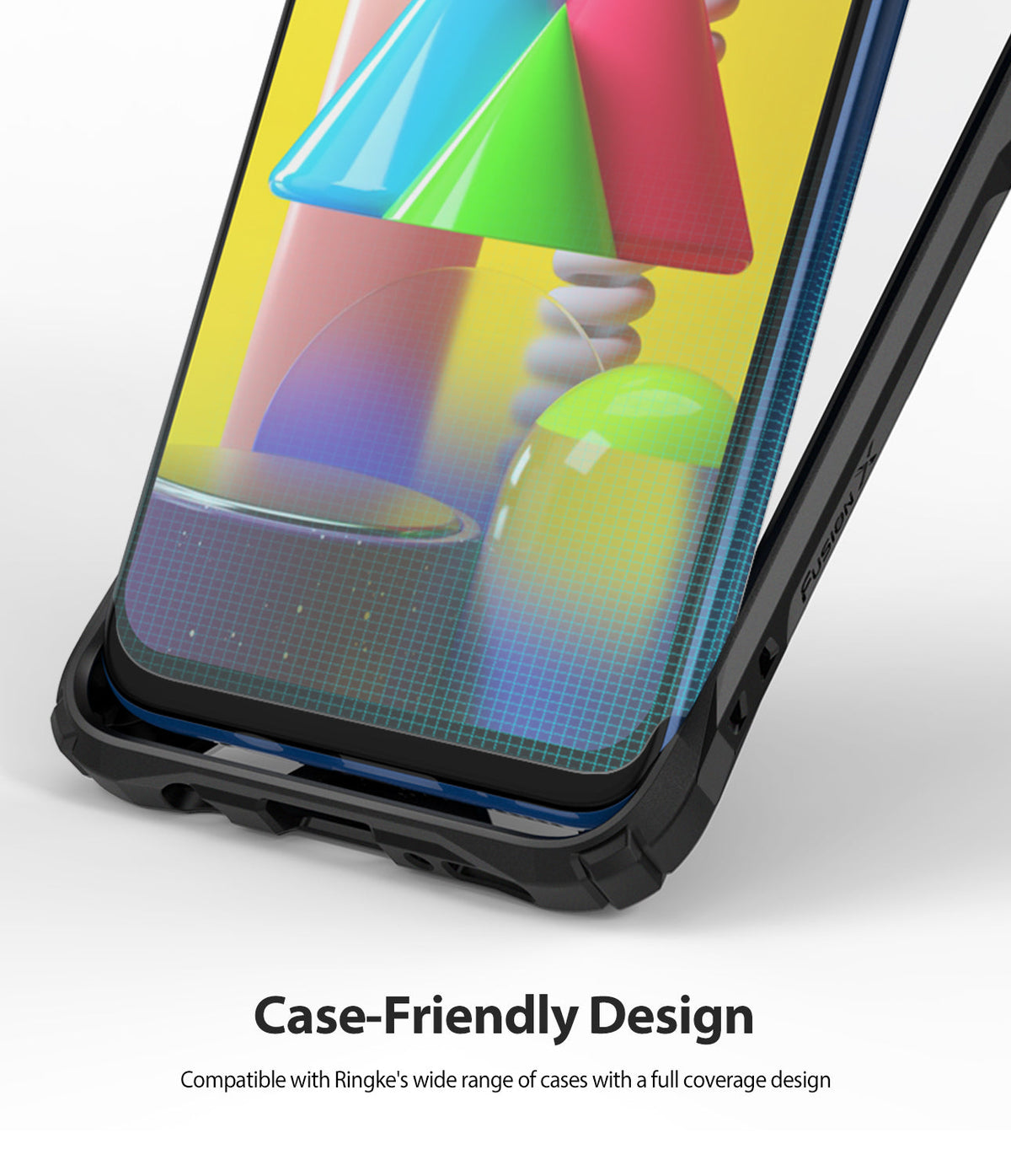 Galaxy M30s Screen Protector | Dual Easy Film - Galaxy M30s Screen Protector - Close-up of a smartphone with a screen protector inside a black protective case.