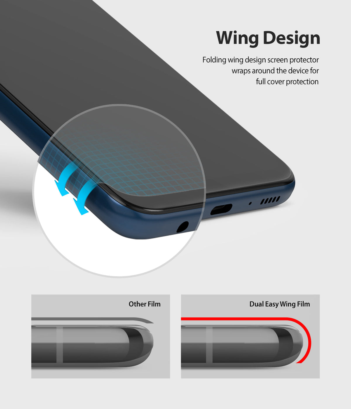 Galaxy M30s Screen Protector | Dual Easy Film - Galaxy M30s Screen Protector - Wing design film wrapping around phone edges compared to standard flat screen protectors.