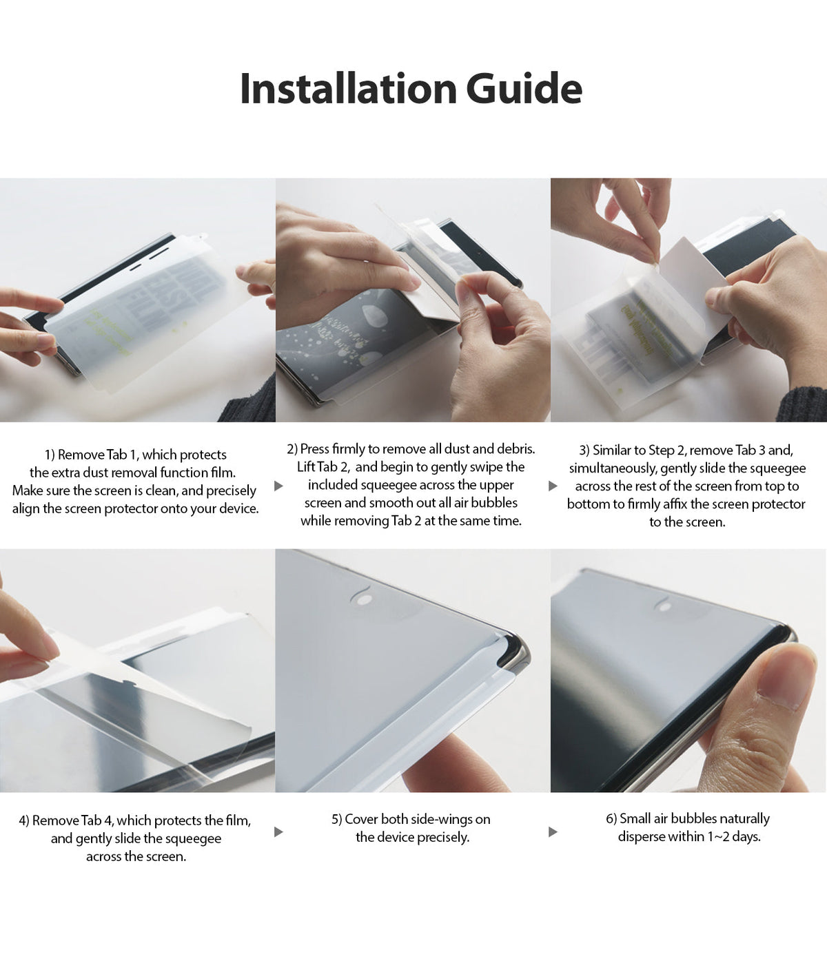 Galaxy M30s Screen Protector | Dual Easy Film - Galaxy M30s Screen Protector - Six-step visual guide showing hands applying a screen protector using tabs and a squeegee.