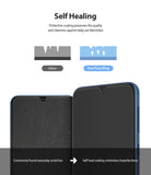 Galaxy M31 Screen Protector | Dual Easy Film - Diagram comparing standard film scratches to self-healing Dual Easy film.