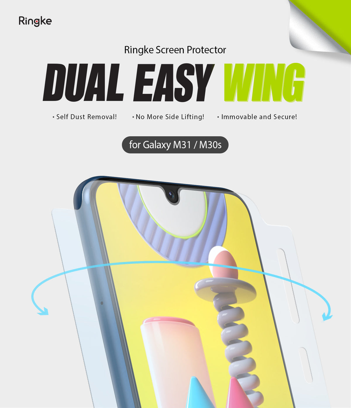 Galaxy M30s Screen Protector | Dual Easy Film - Galaxy M30s Screen Protector - Ringke Dual Easy Wing film for Galaxy M31/M30s showing installation features and benefits.