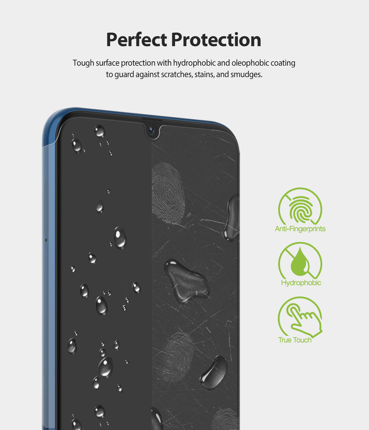 Galaxy M30s Screen Protector | Dual Easy Film - Galaxy M30s Screen Protector - Smartphone screen with water droplets and icons showing anti-fingerprint and hydrophobic features.