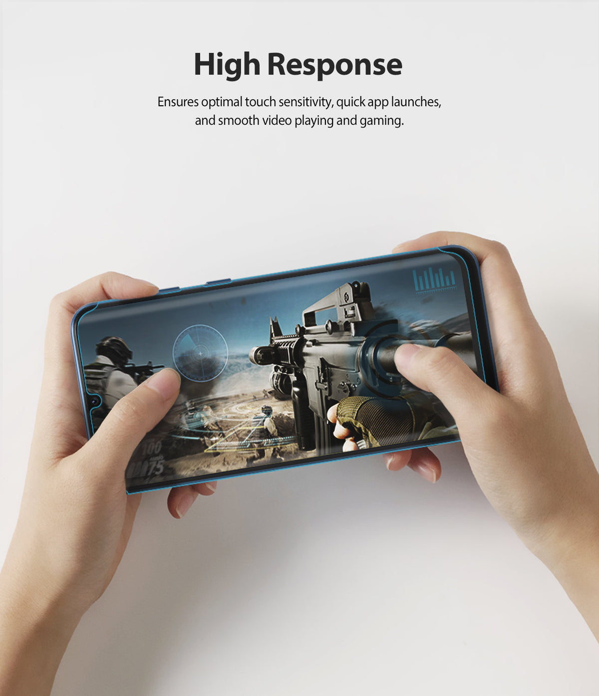 Galaxy M30s Screen Protector | Dual Easy Film - Hands holding a smartphone playing a first-person shooter game.