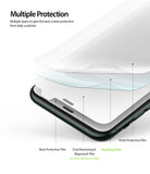 iPhone 11 Pro Max Screen Protector | Dual Easy Film - Exploded view of four protective film layers stacked on an iPhone screen.