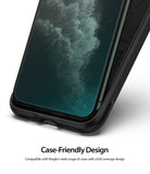 iPhone 11 Pro Max Screen Protector | Dual Easy Film - Close-up of a phone screen protector fitting inside a black case.