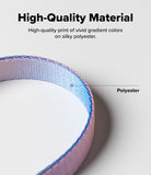 Dual Hand Slim Strap - Close-up of a silky, gradient-colored polyester strap with a label pointing to the material.