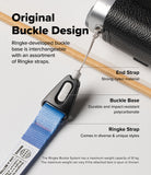 Dual Hand Slim Strap - Diagram showing a blue strap with a durable polycarbonate buckle base and strong nylon end connector.