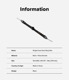 Dual Hand Slim Strap - Black nylon hand strap with adjustable buckle and product specifications table on a white background.