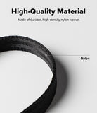 Dual Hand Slim Strap - Close-up of a black, high-density nylon weave strap with a label pointing to the material.