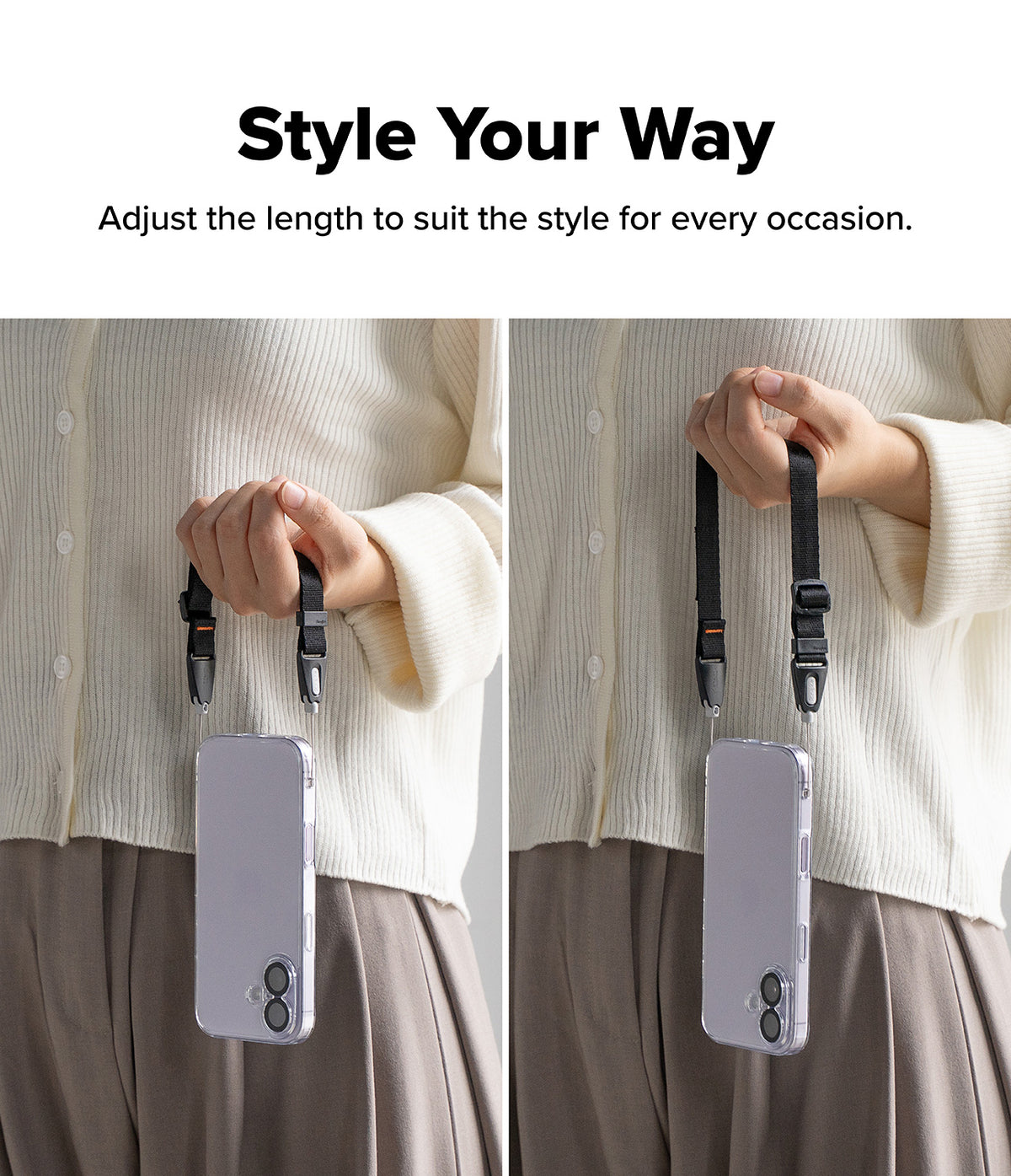 Dual Hand Slim Strap - Person holding a phone with an adjustable black wrist strap shown at two different lengths.