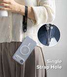 Dual Hand Slim Strap - A person wearing a black wrist strap attached to a clear phone case, with a close-up of the connector.