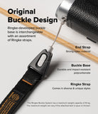 Dual Hand Slim Strap - Diagram showing the Ringke buckle system with labeled end strap, buckle base, and fabric strap.