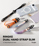 Dual Hand Slim Strap - Three colorful fabric hand straps with black buckles attached to clear smartphone cases.
